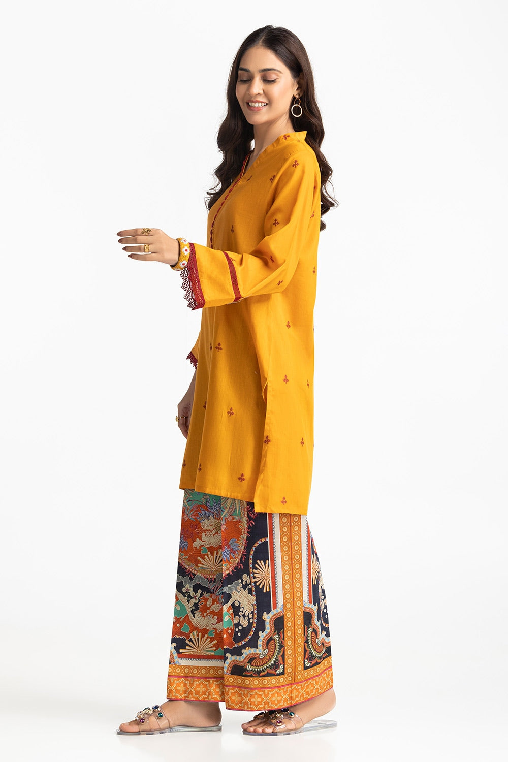 Jacquard Embellished Shirt With Printed Trouser
