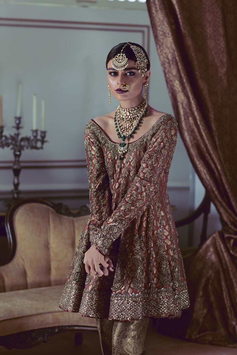 Rust Heavy Embroidered Peplum Tunic with Gold Pants