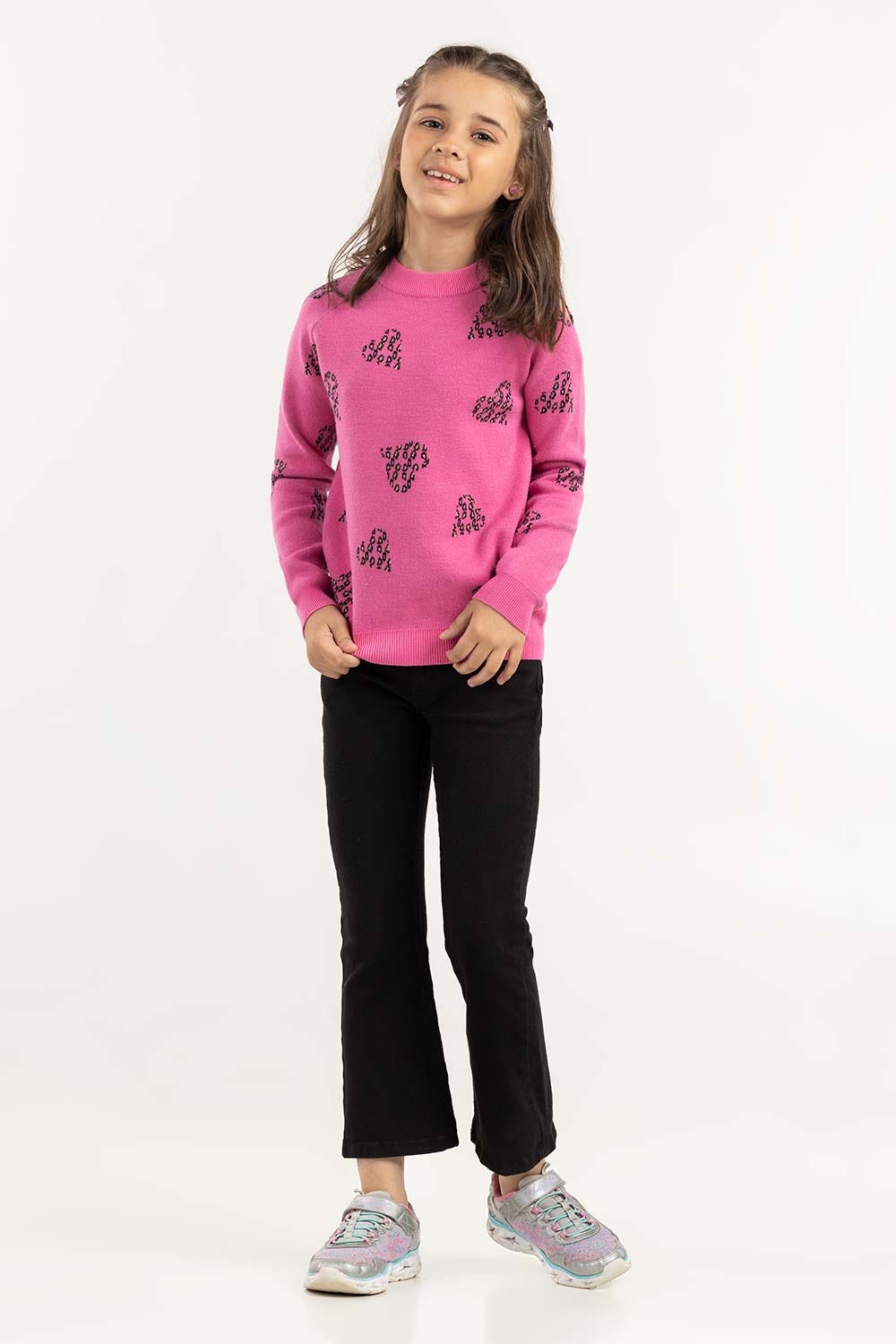 Junior Girl Pink Jacquard Sweater With Round Neck