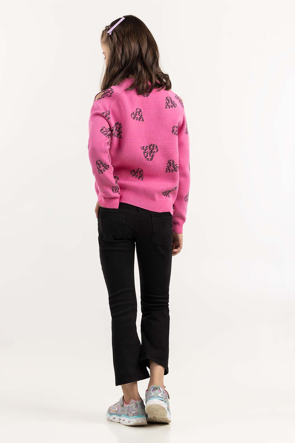 Junior Girl Pink Jacquard Sweater With Round Neck