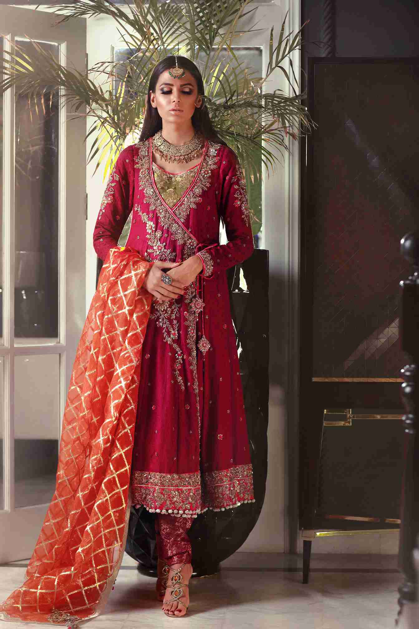 Purple Self Embossed Jamawar Angarkha with Zardosi Embroidery, Churidaar and Dupatta