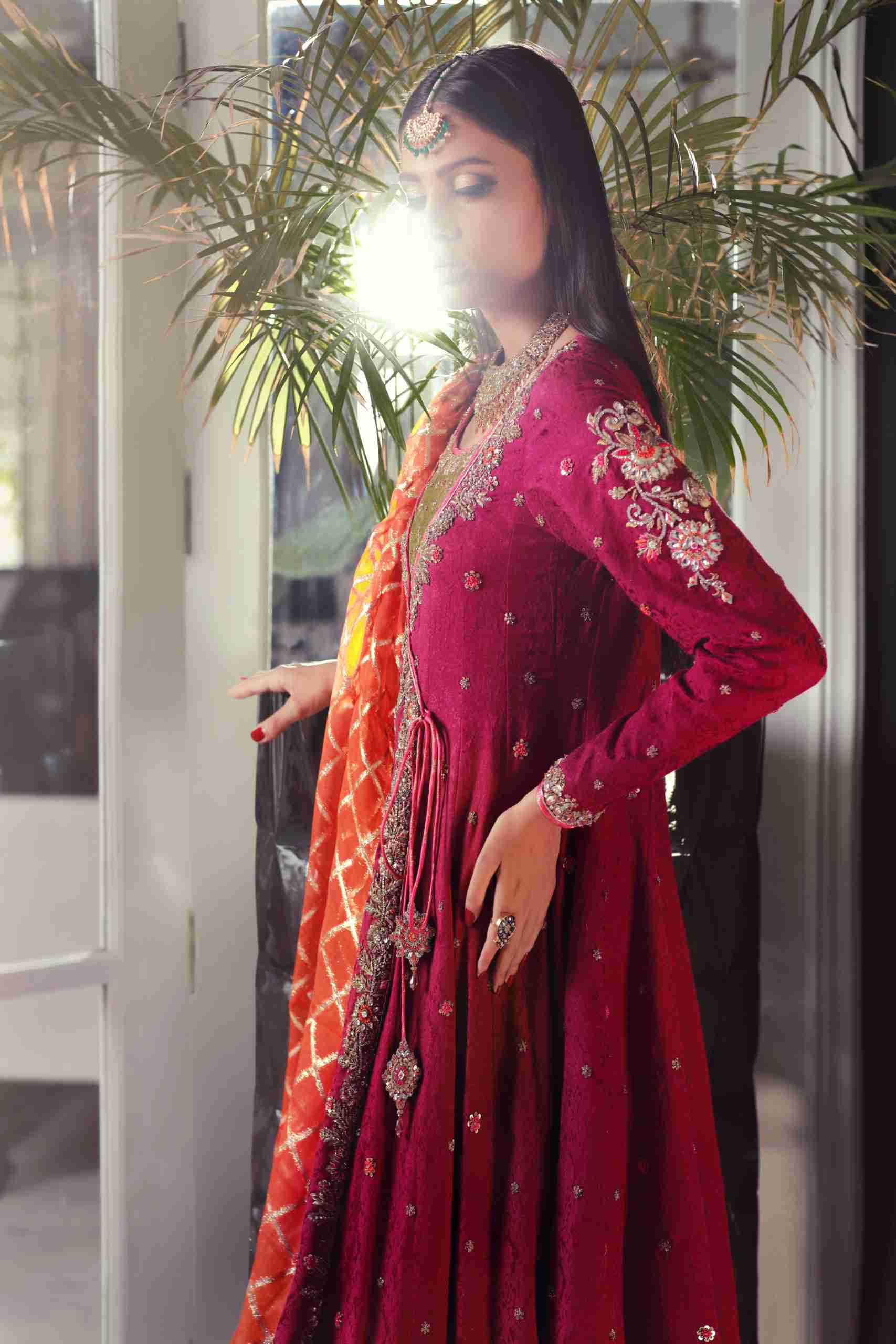 Purple Self Embossed Jamawar Angarkha with Zardosi Embroidery, Churidaar and Dupatta