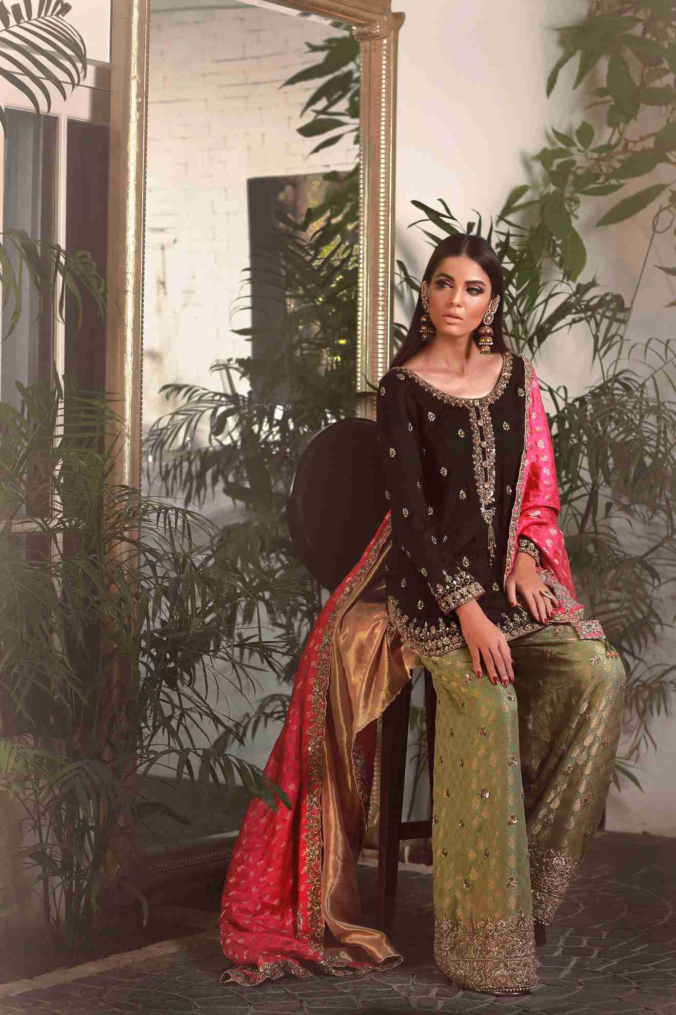 Black Self Ebossed Jamawar Zardosi Tunic with Celadon Green Dhaka Pajama and Fuschia Dupatta