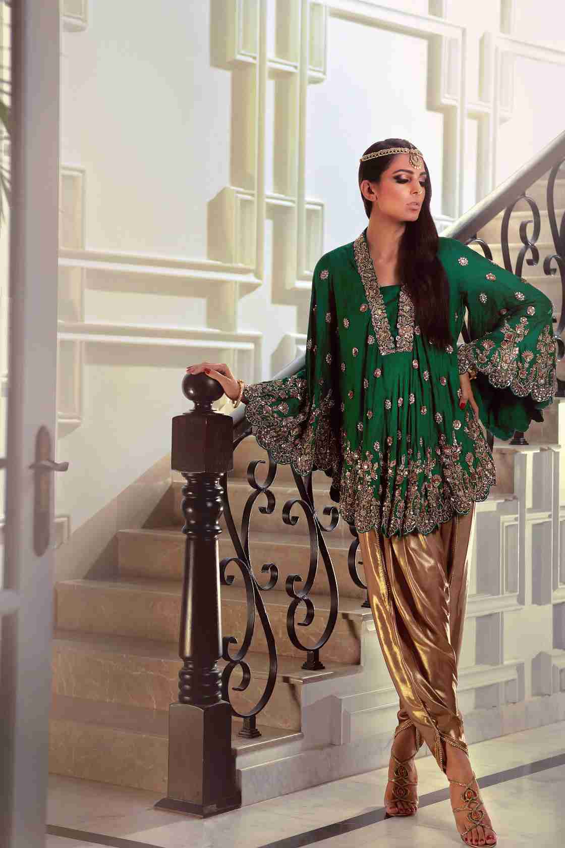 Emerald Green Self Embossed Jamawar Zardosi Embroidered Bias Cut Shirt and Dhoti Pants