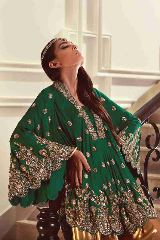 Emerald Green Self Embossed Jamawar Zardosi Embroidered Bias Cut Shirt and Dhoti Pants