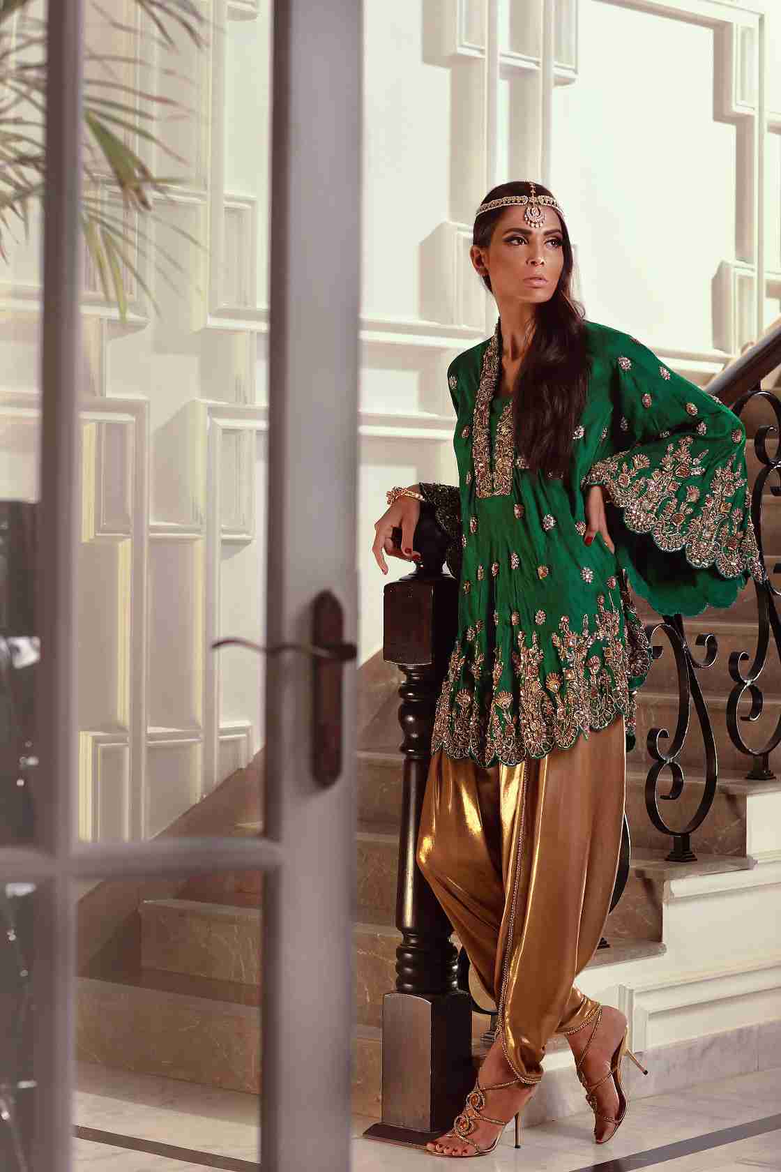 Emerald Green Self Embossed Jamawar Zardosi Embroidered Bias Cut Shirt and Dhoti Pants