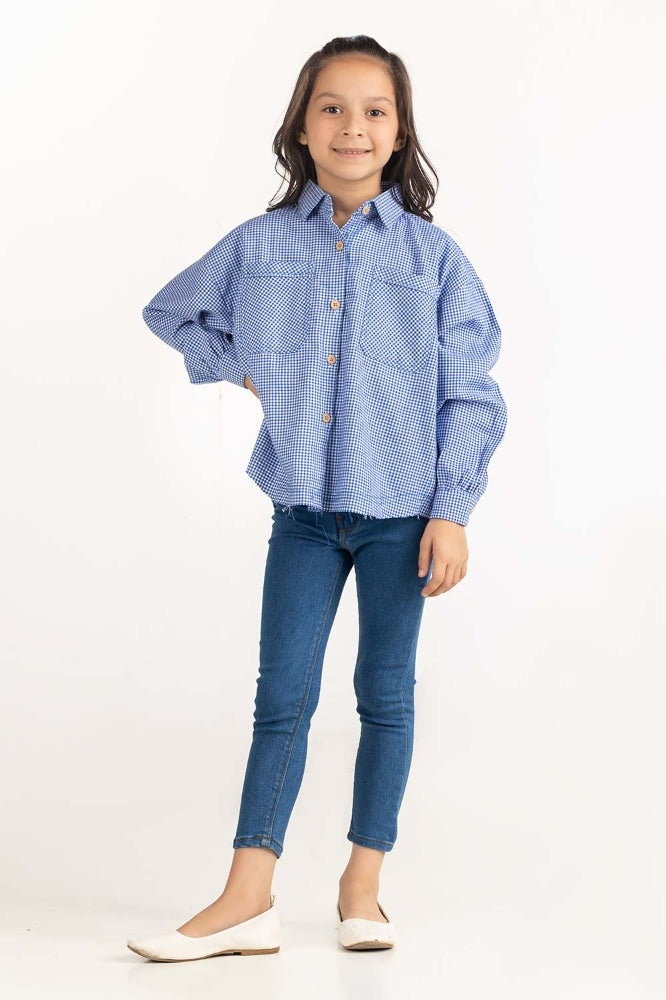 Junior Girl Blue And White Checkered Casual Shirt