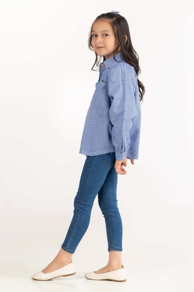 Junior Girl Blue And White Checkered Casual Shirt