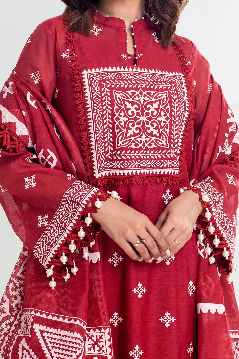 3 Piece Unstitched Embroidered Lacquer Printed Paper Cotton Suit with Lacquer Printed Paper Cotton Dupatta