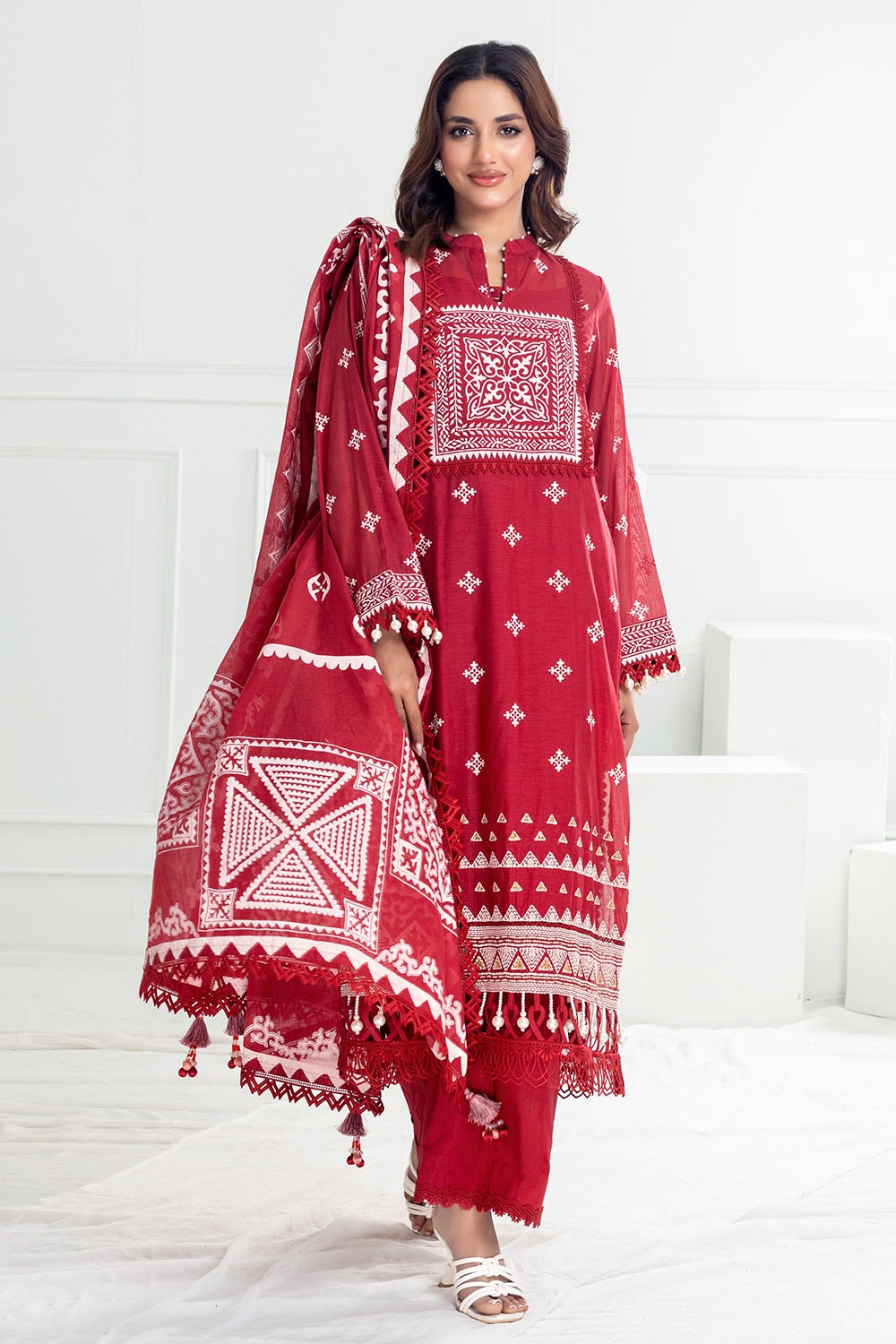 3 Piece Unstitched Embroidered Lacquer Printed Paper Cotton Suit with Lacquer Printed Paper Cotton Dupatta