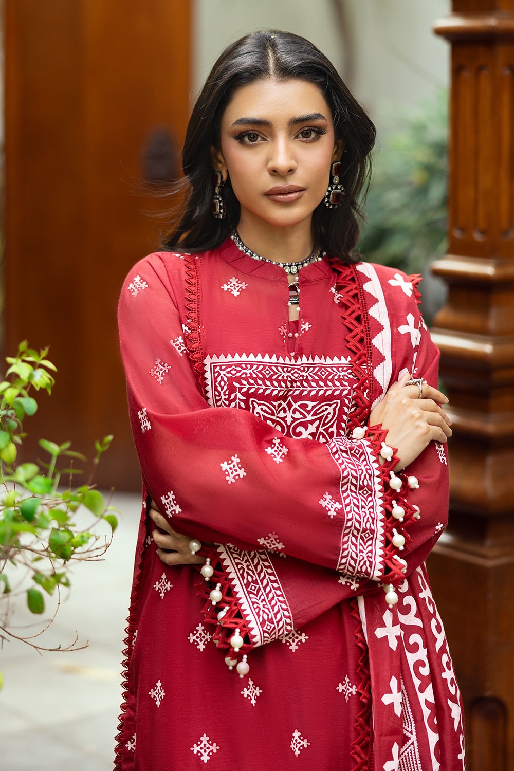 3 Piece Unstitched Embroidered Lacquer Printed Paper Cotton Suit with Lacquer Printed Paper Cotton Dupatta