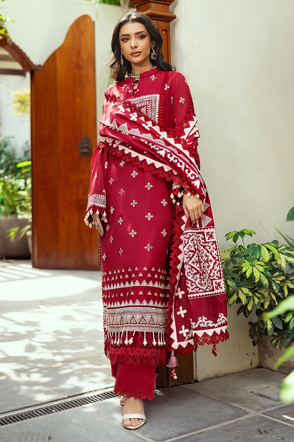 3 Piece Unstitched Embroidered Lacquer Printed Paper Cotton Suit with Lacquer Printed Paper Cotton Dupatta