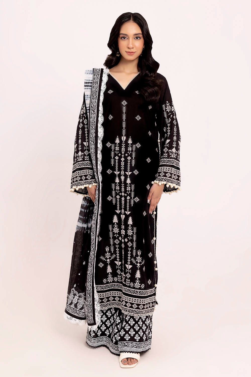 3 Piece Unstitched Embroidered Lawn Suit with Lacquer Printed Denting Lawn Dupatta