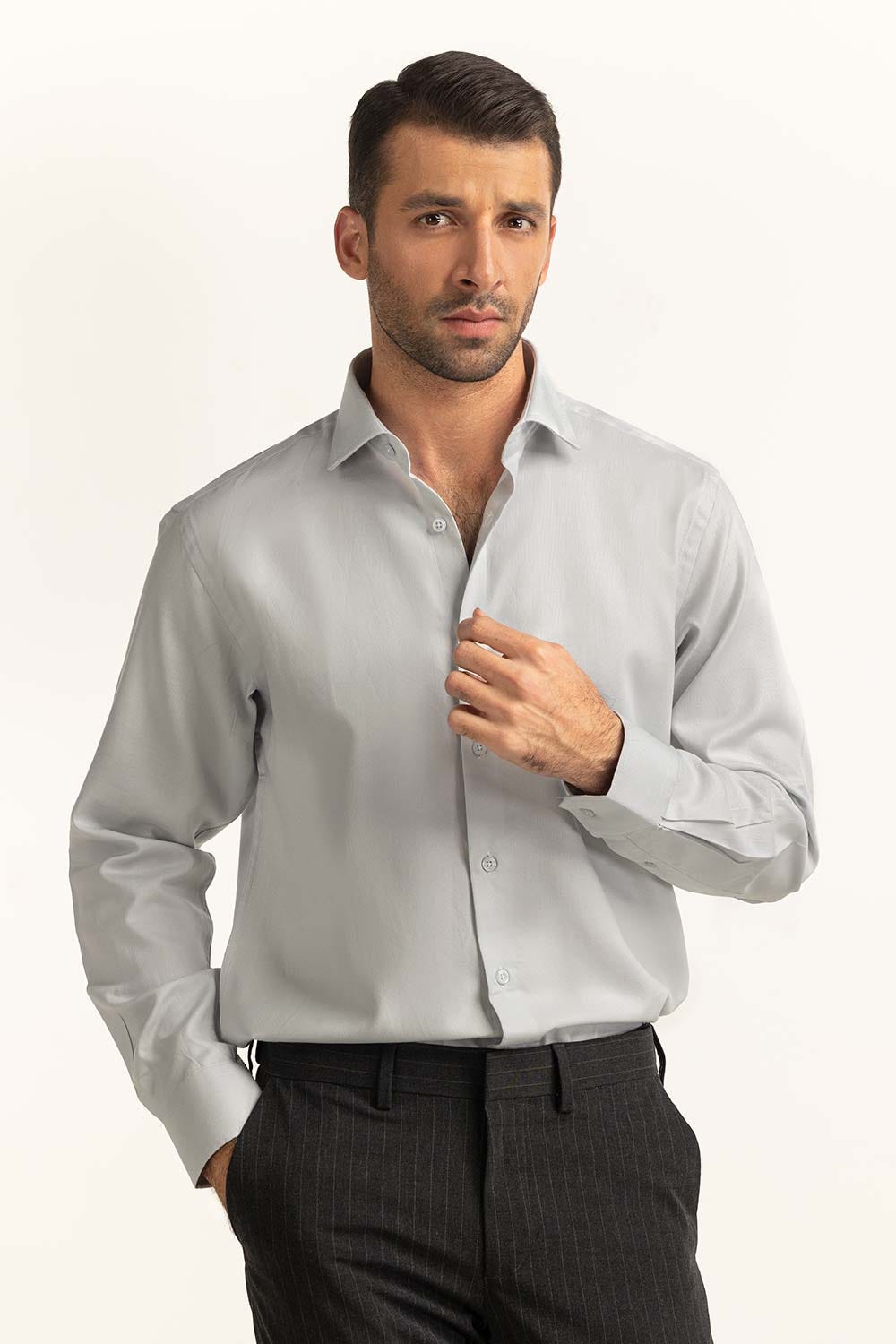 Light Grey Self Textured Formal Shirt