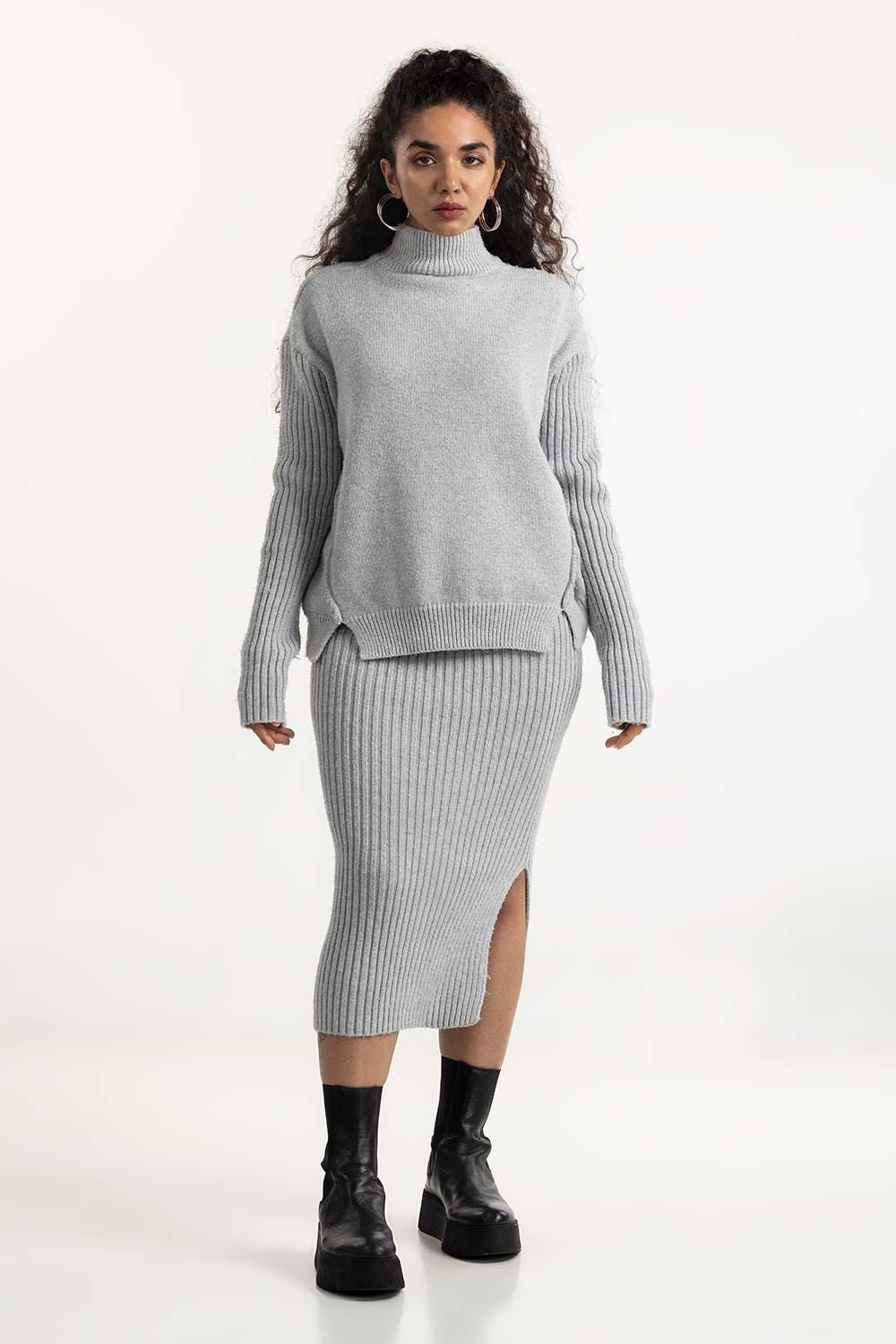 Grey Knit Skirt With Slit
