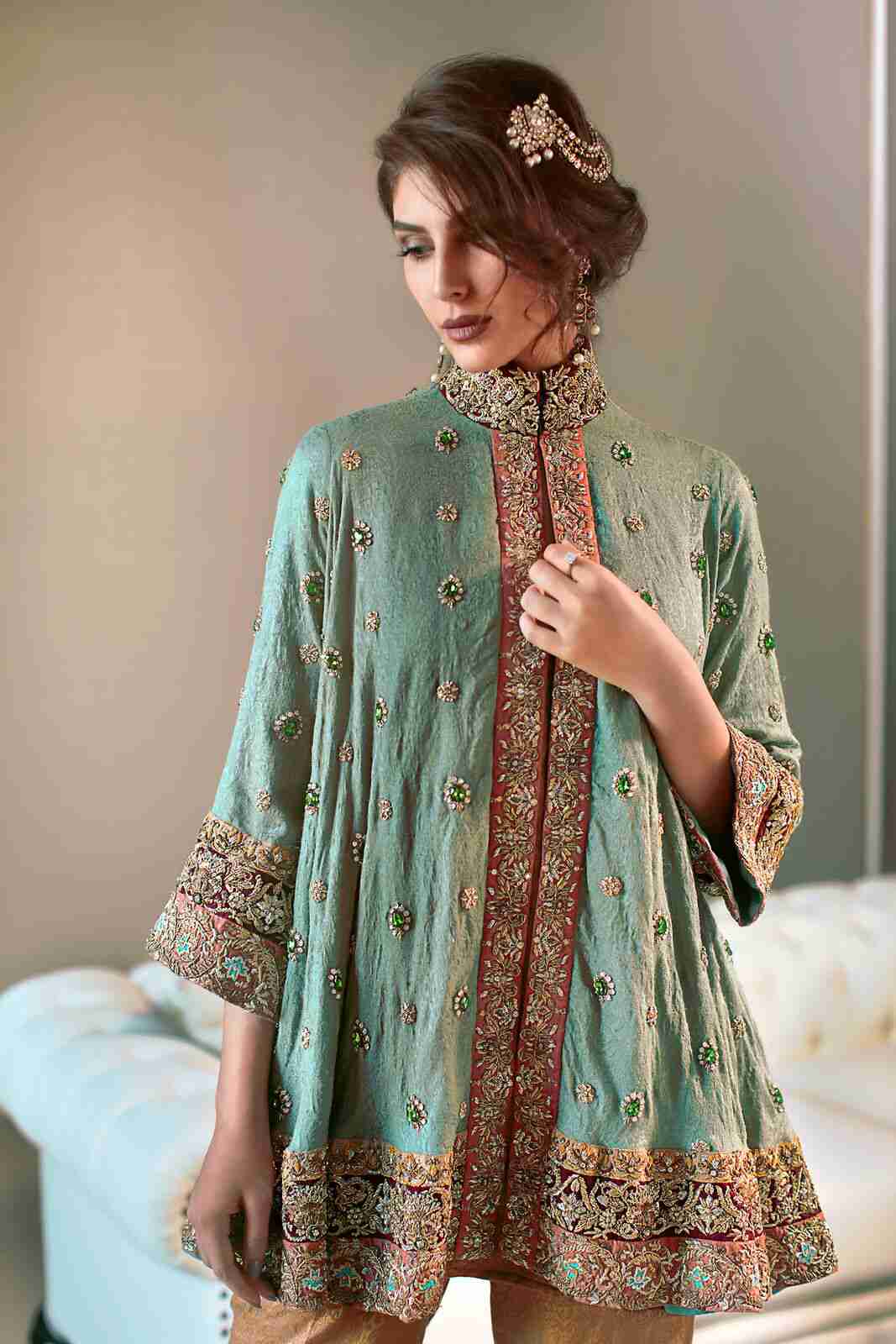Celadon Green Bias Jacket with Beige Shameez and Cropped Trousers
