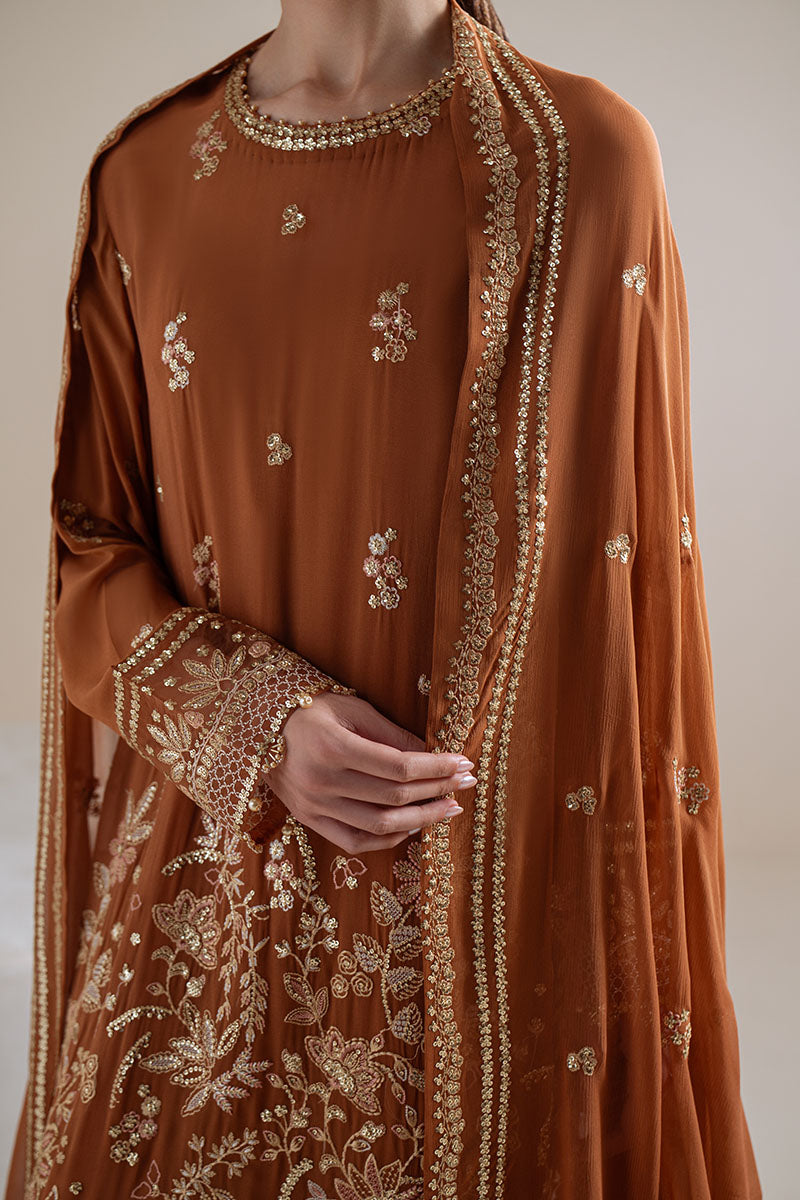 Rust Ember-4Pc Chiffon Embroidered Suit