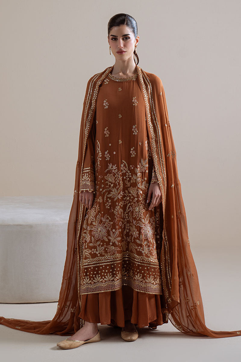 Rust Ember-4Pc Chiffon Embroidered Suit