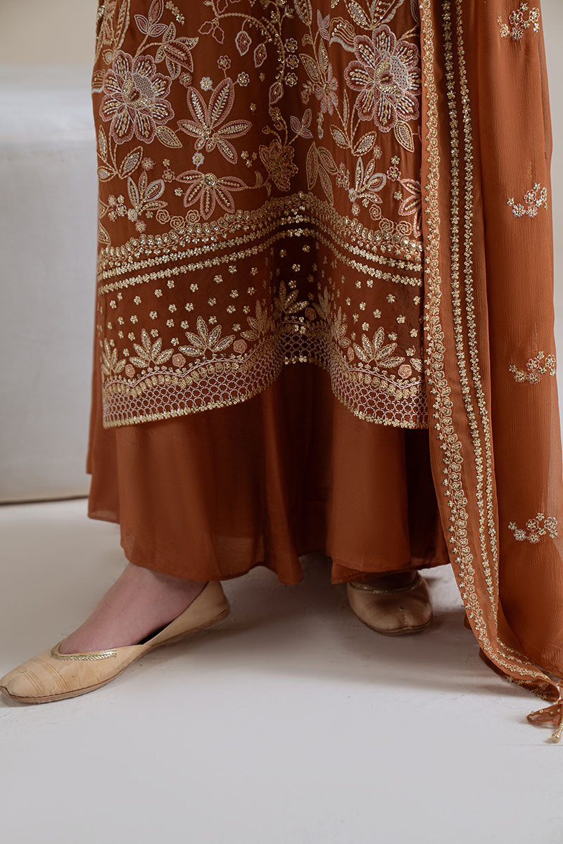 Rust Ember-4Pc Chiffon Embroidered Suit
