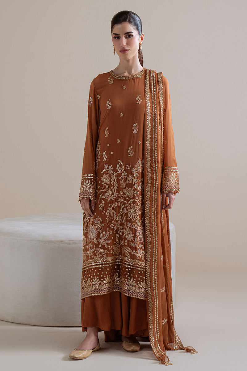 Rust Ember-4Pc Chiffon Embroidered Suit