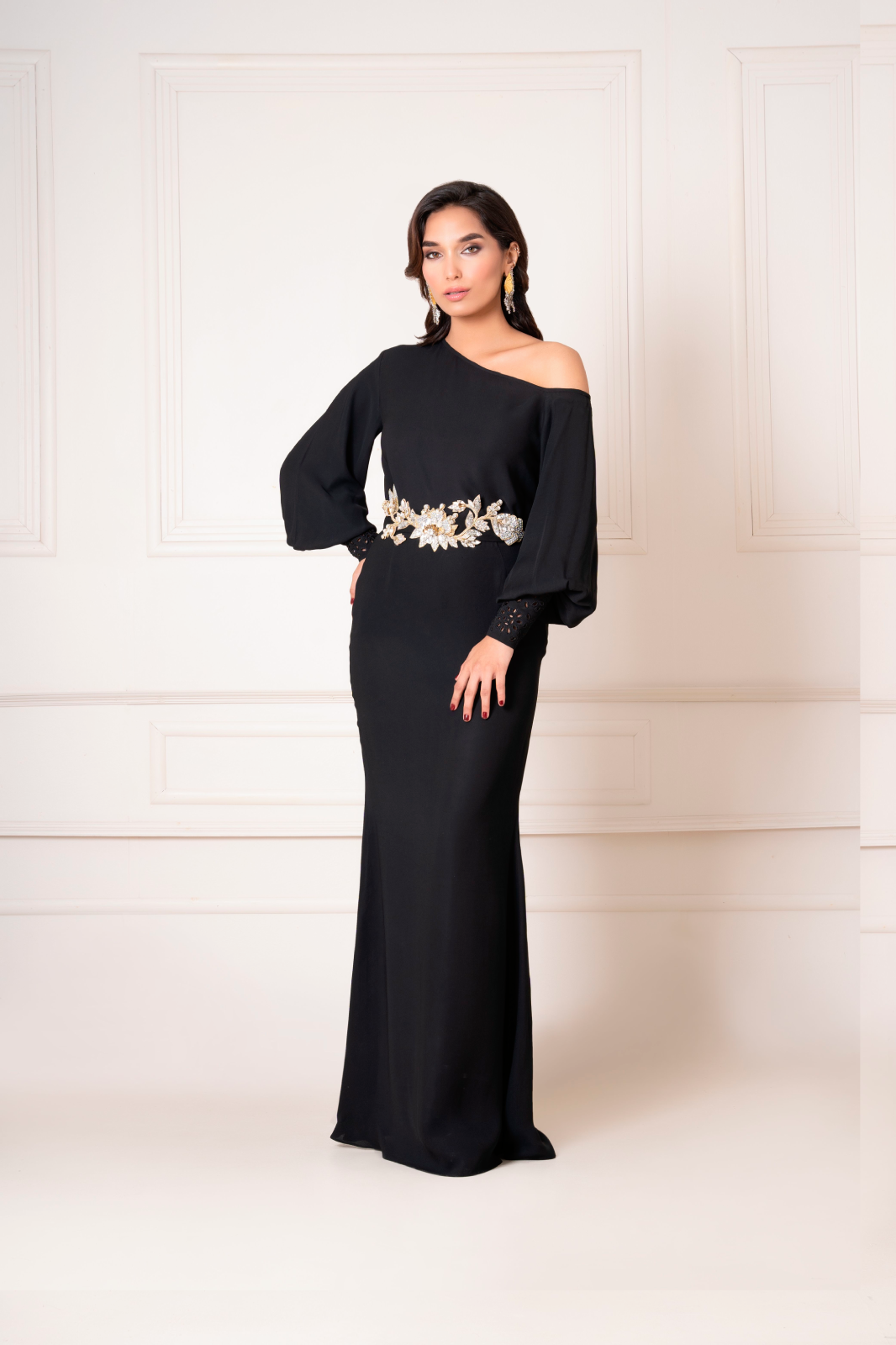 Drop Shoulder Top with Tapered Skirt and Crystal Embellished Belt