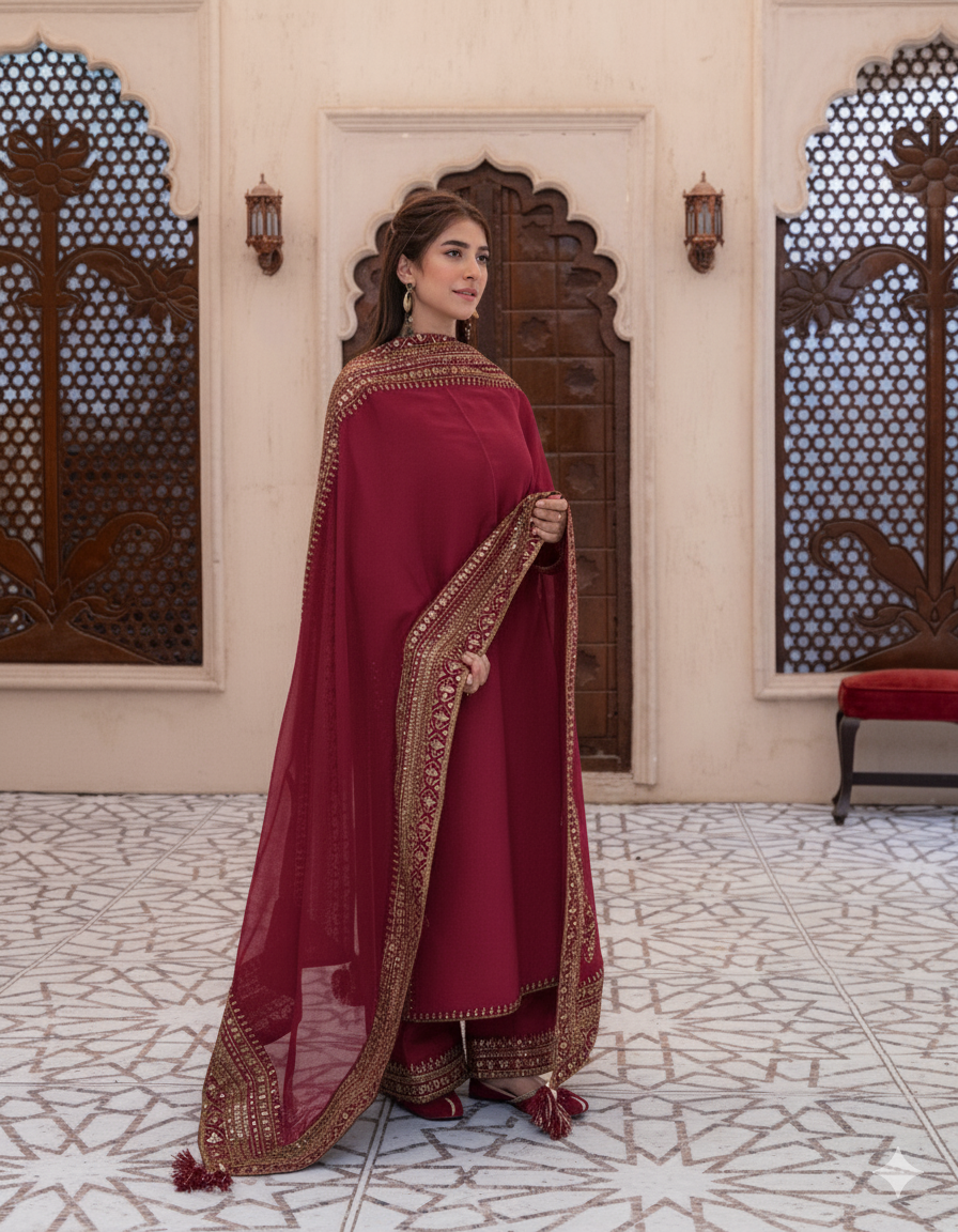 Mahroon Mystique – Luxury Embroidered Suit for Women