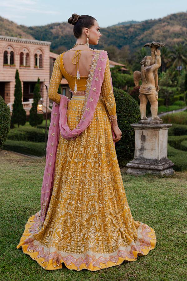 Marjjan MLC-28 Style – Yellow & Pink Embroidered Frock & Lehenga