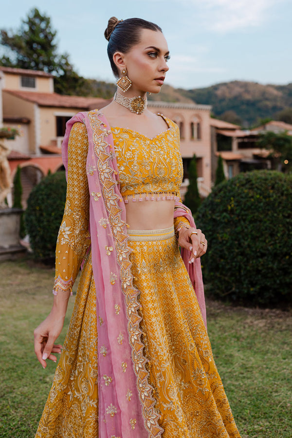 Marjjan MLC-28 Style – Yellow & Pink Embroidered Frock & Lehenga