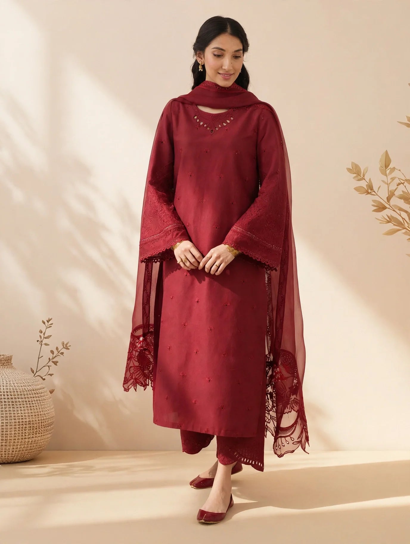 Maroon Mahrosh Viscose - Embroided 3 pieces suit for women
