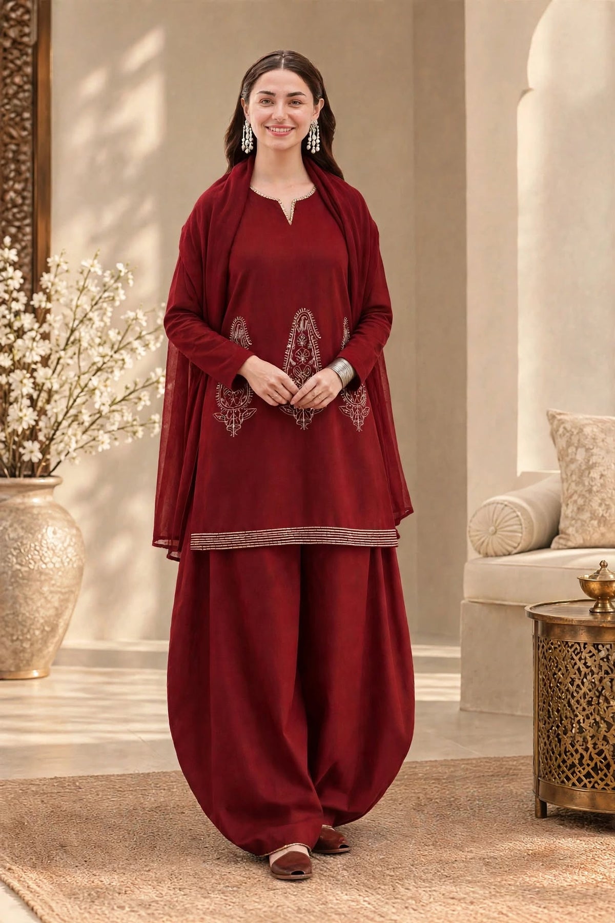 MAROON CHERRY- Plain Viscose Embroidered 3-Piece Suit for women