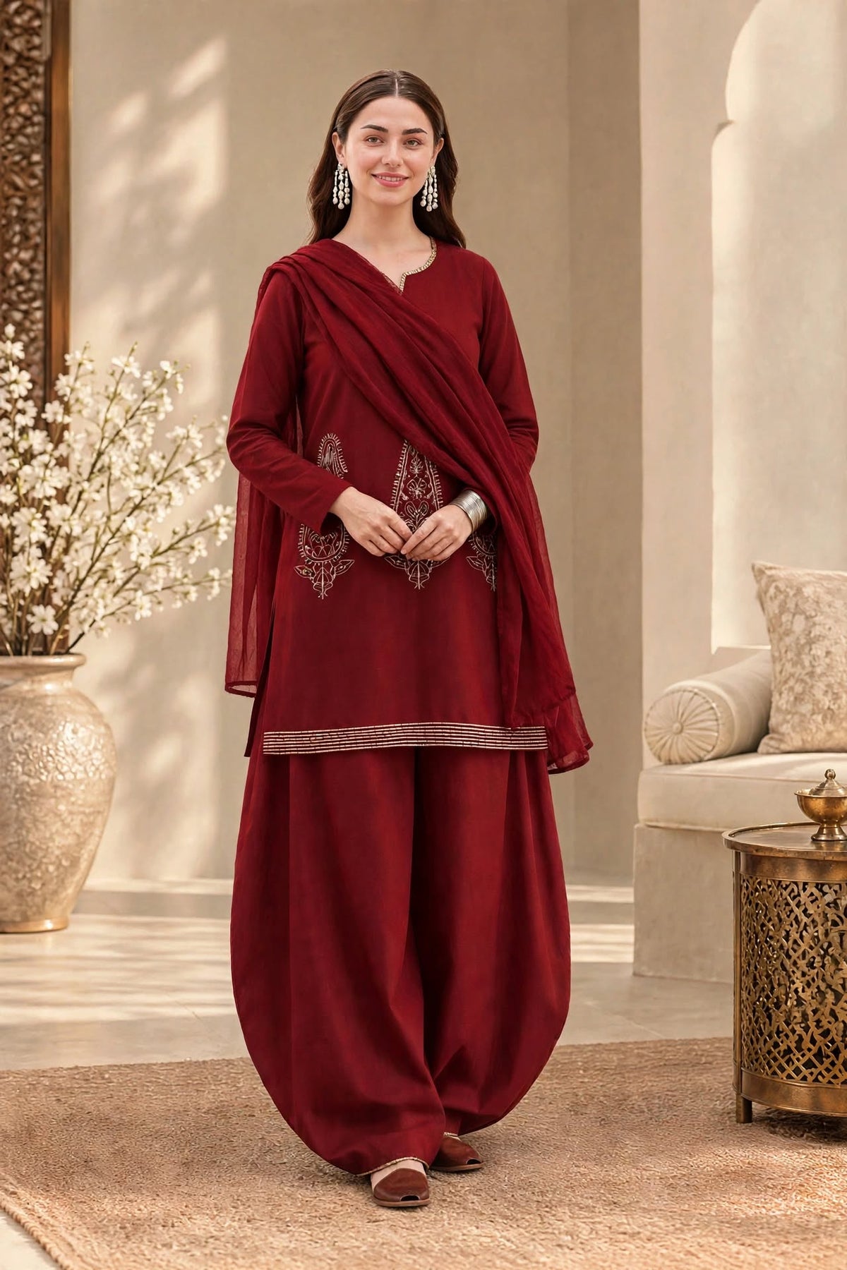 MAROON CHERRY- Plain Viscose Embroidered 3-Piece Suit for women