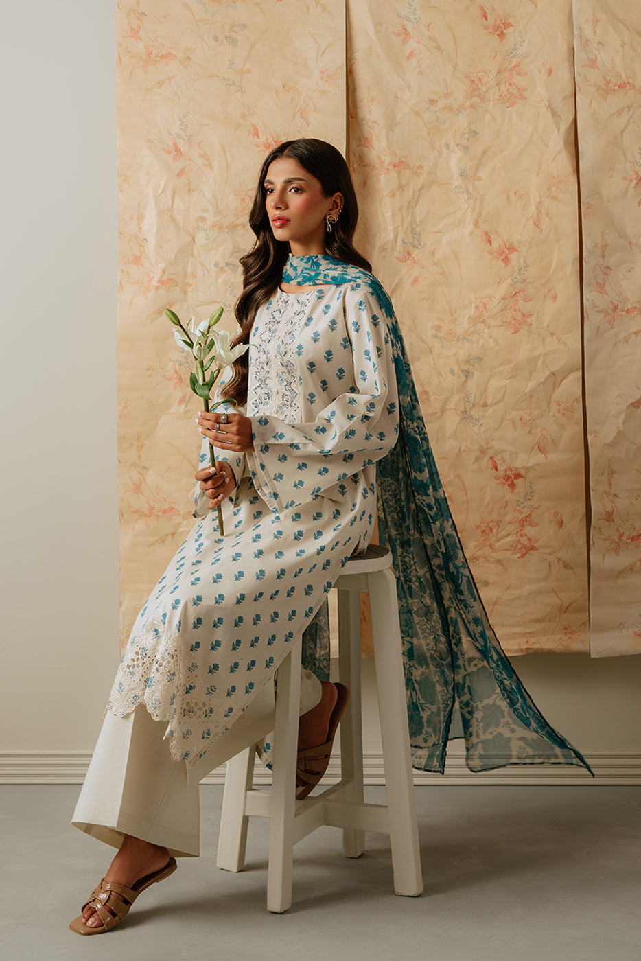 3 Piece Embroidered Lawn Suit-Blue Gems (Unstitched)