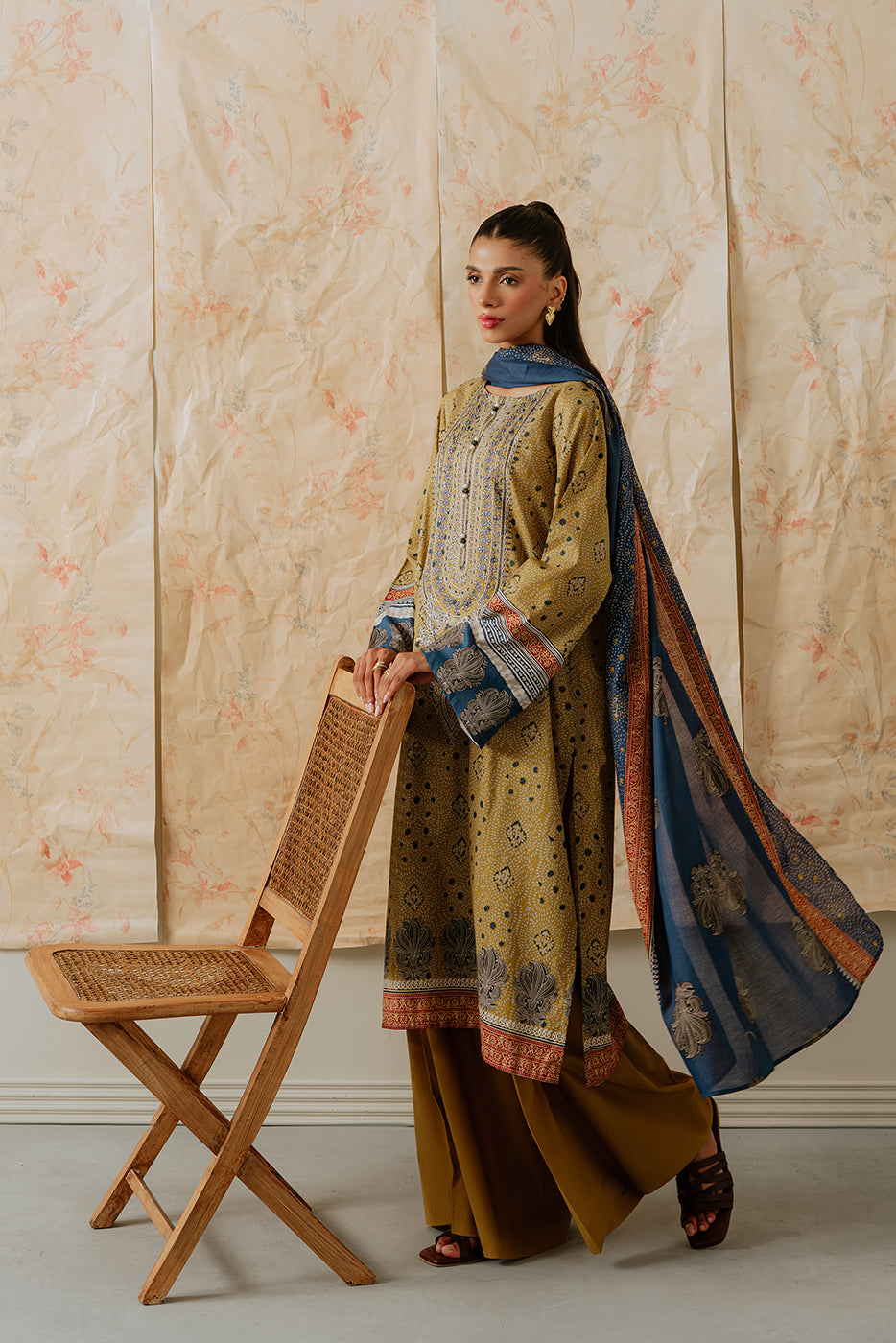 3 Piece Embroidered Lawn-Old Gold (Unstitched)