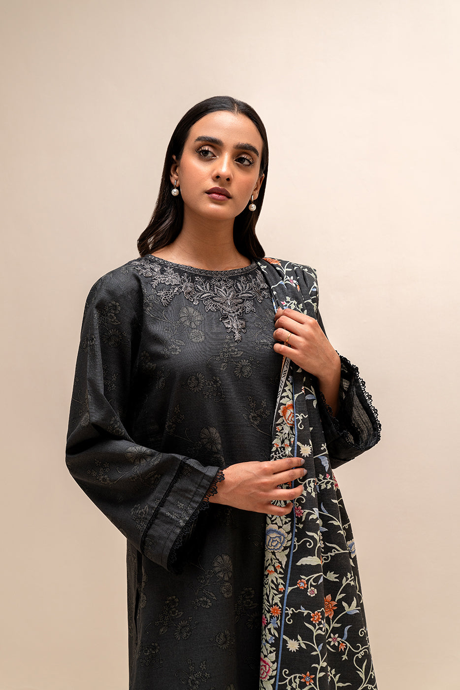 3 Piece Embroidered Khaddar Suit-Fossil Verve (Unstitched)