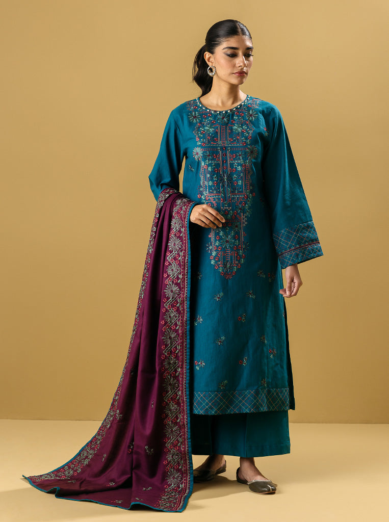 3 Piece - Embroidered Khaddar Suit - Malachite Teal