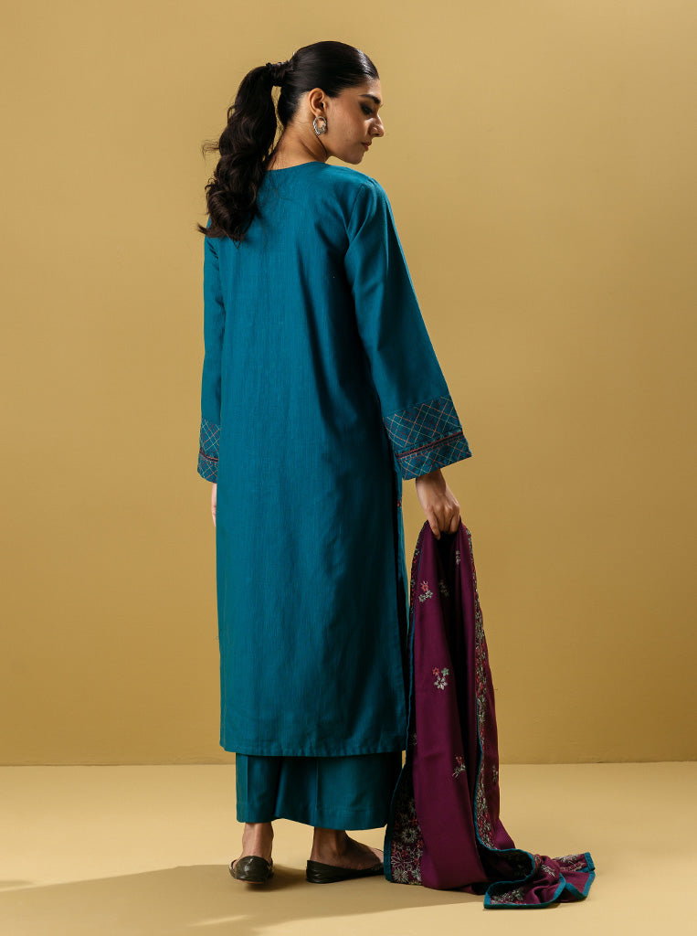 3 Piece - Embroidered Khaddar Suit - Malachite Teal