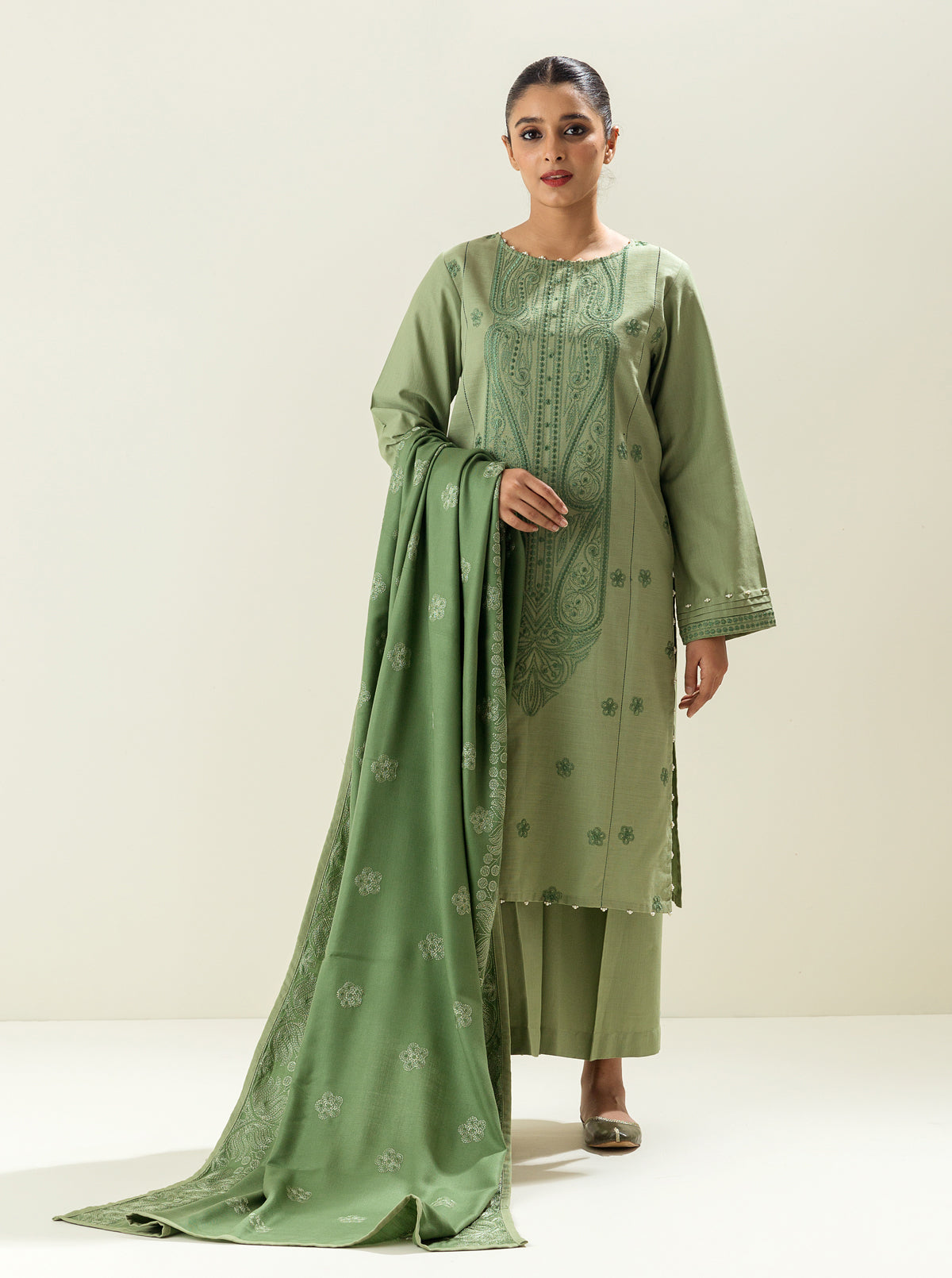 3 Piece - Embroidered Khaddar Suit - Green Earth