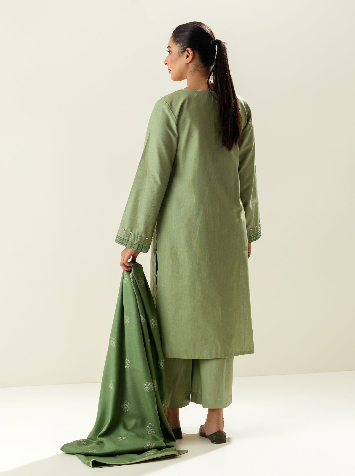 3 Piece - Embroidered Khaddar Suit - Green Earth
