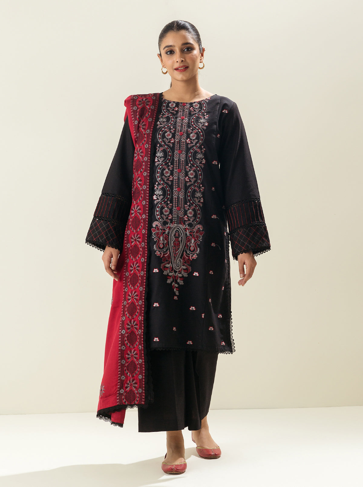 3 Piece - Embroidered Khaddar Suit - Grey Block