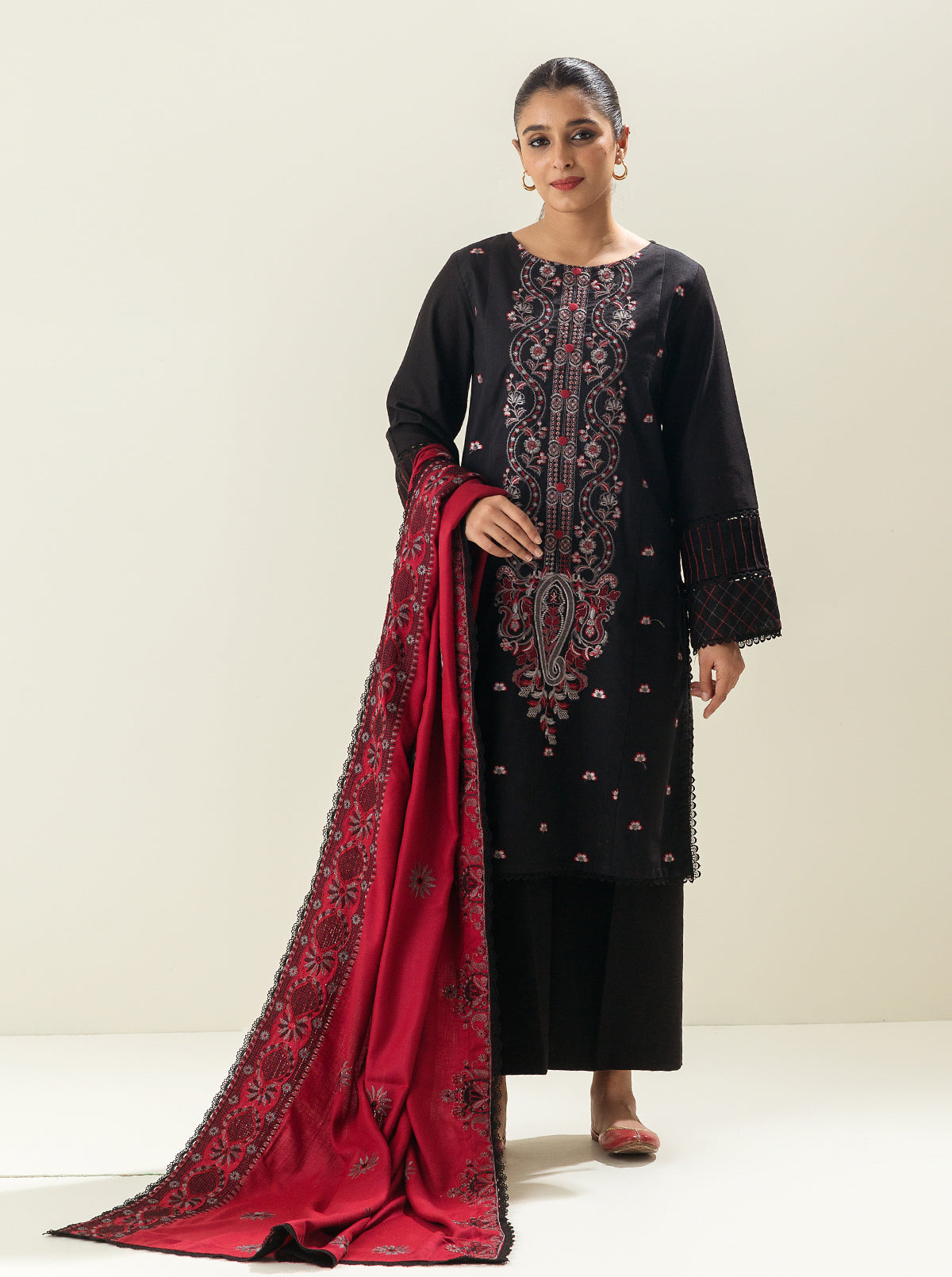 3 Piece - Embroidered Khaddar Suit - Grey Block
