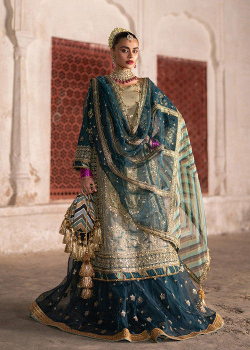 Mohsin Naveed Ranjha Style — Mairaz Ivory & Teal Gharara Set