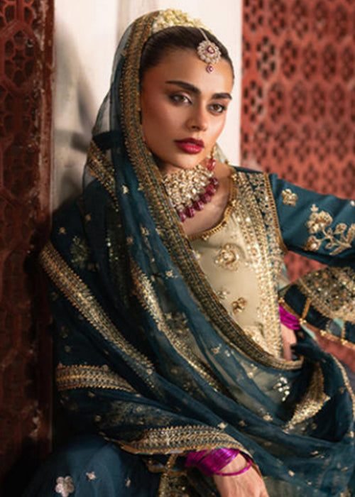 Mohsin Naveed Ranjha Style — Mairaz Ivory & Teal Gharara Set