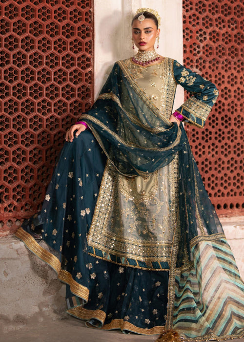 Mohsin Naveed Ranjha Style — Mairaz Ivory & Teal Gharara Set