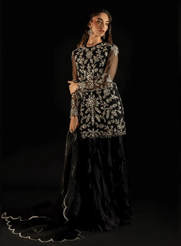 Laale Formals '26 - Black Fully Crystal Embellished Net Tunic with Ruffled Trouser and Scalloped Organza Dupatta