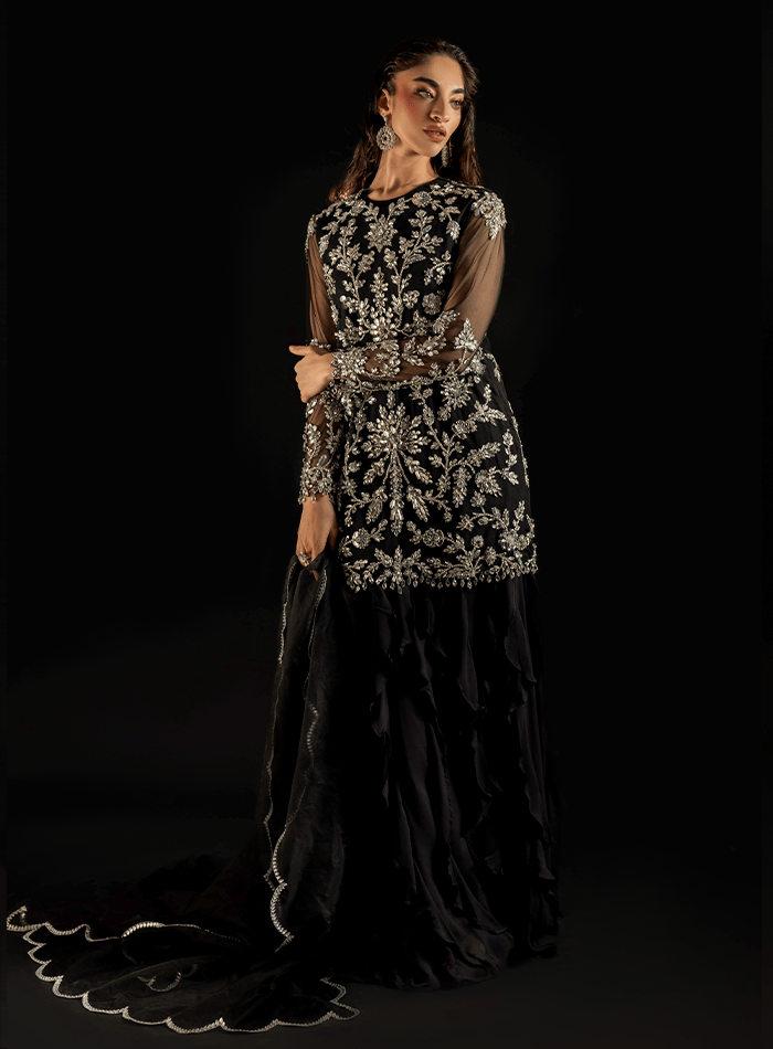 Black Fully Crystal Embellished Net Tunic with Ruffled Trouser and Scalloped Organza Dupatta