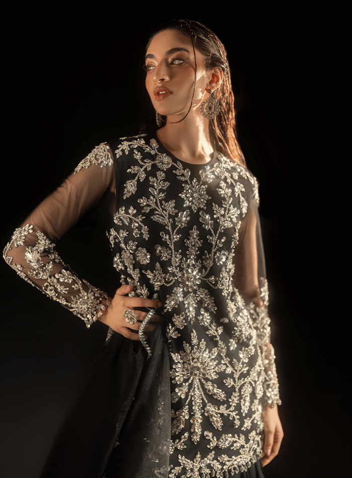 Black Fully Crystal Embellished Net Tunic with Ruffled Trouser and Scalloped Organza Dupatta