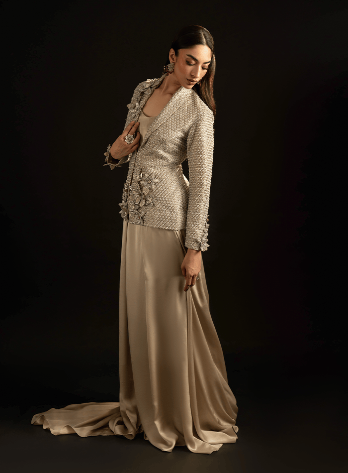 Silver Bugle Beaded Coat with 3D Flowers and Flared Charmeuse Skirt