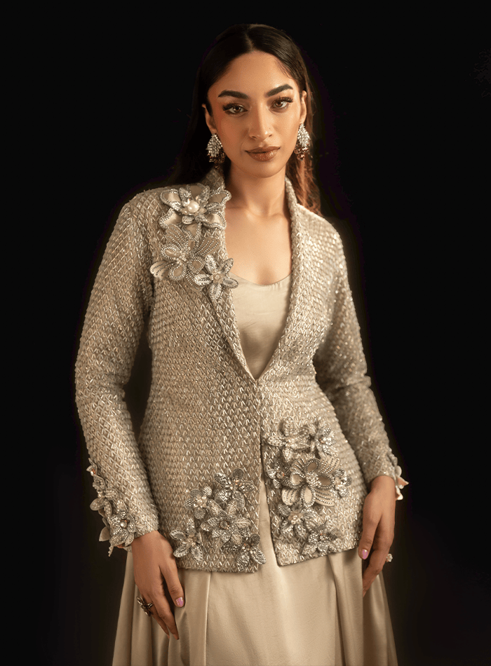 Silver Bugle Beaded Coat with 3D Flowers and Flared Charmeuse Skirt