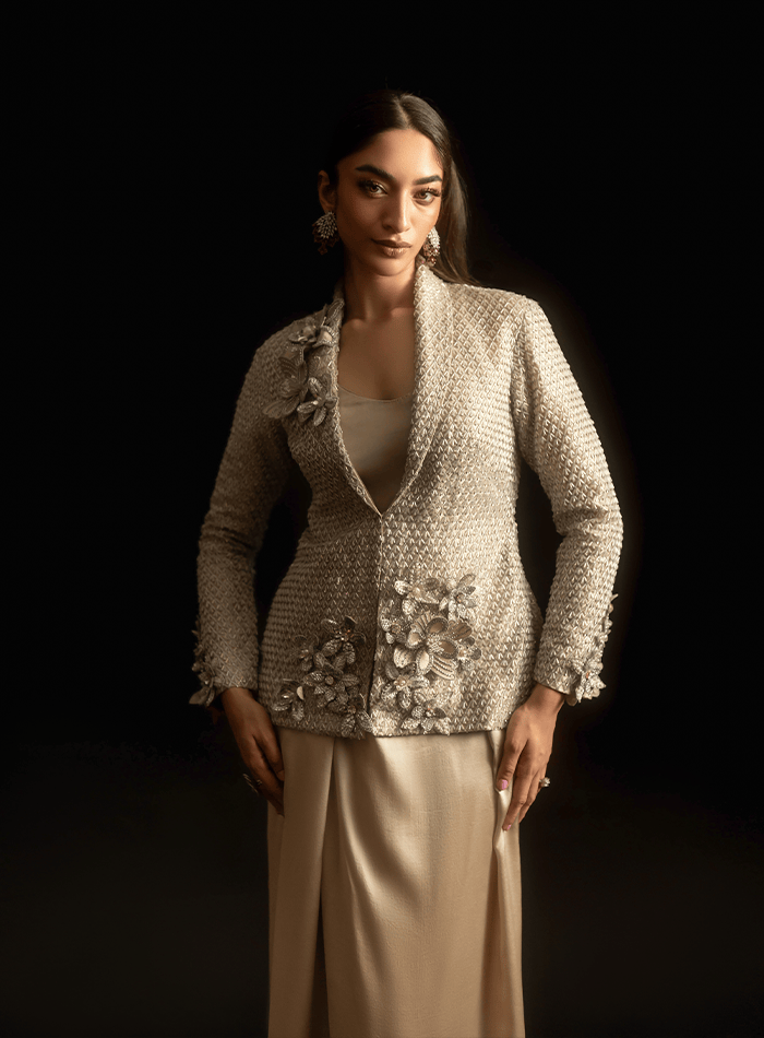 Silver Bugle Beaded Coat with 3D Flowers and Flared Charmeuse Skirt