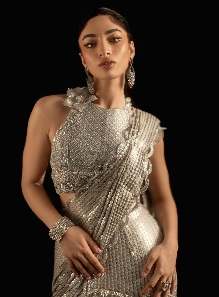 Silver Embellished Choli with 3D Flowers Encrusted Back and Sequinned Embellished Saree